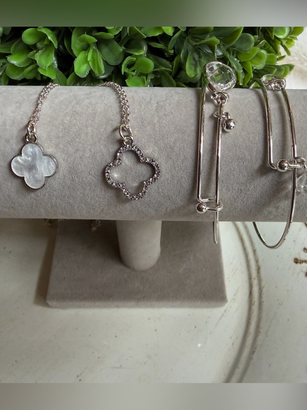 Silver-Tone Clover Pendant & glass bead Bangle Set - Women's Jewelry